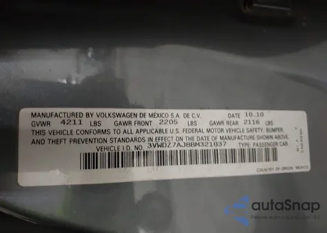 2011 Volkswagen Jetta 2.5L Se z USA, uszkodzony, nr VIN 3VWDZ7AJ8BM321837